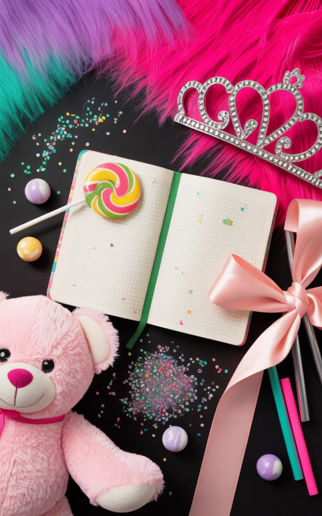 Bright, playful flat lay with a pink teddy bear, sparkly tiara, colorful faux fur, lollipop, ribbons, and an open notebook, capturing the bold brat aesthetic featured on A Lil’ Bit Kinky.