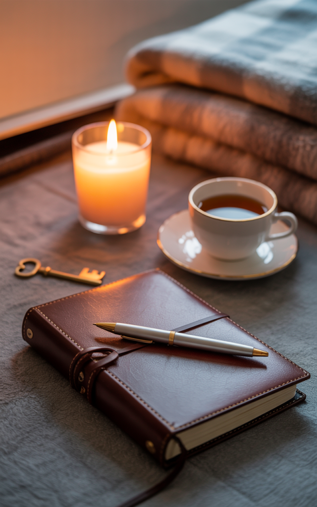 Warm, calming scene with a leather journal and pen, lit candle, folded blankets, teacup, and a small key on a tray, representing the nurturing caregiver aesthetic of A Lil’ Bit Kinky