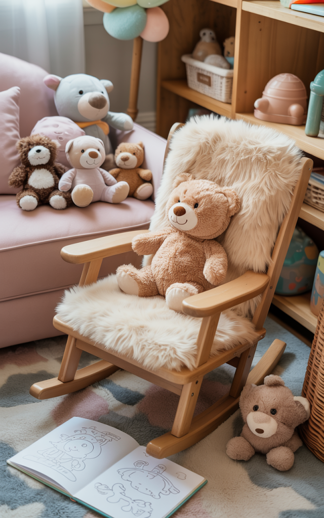 Cozy pastel playroom scene with plush teddy bears on a soft rocking chair and couch, shelves of toys, and an open coloring book on the floor, reflecting the comforting ageplay aesthetic of A Lil’ Bit Kinky.