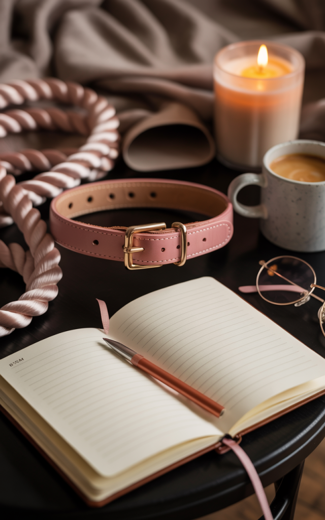 Soft, intimate flat lay with an open journal and pen, pink leather collar, braided rope, candle, coffee cup, and cozy fabrics, illustrating kink basics and consent-focused education on A Lil’ Bit Kinky.