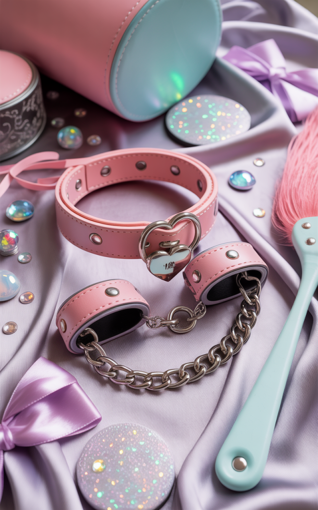 Soft pastel BDSM gear including a pink heart-lock collar, matching cuffs with chain, and a paddle arranged with bows and sparkly accents, showcasing kink-friendly gear on A Lil’ Bit Kinky.