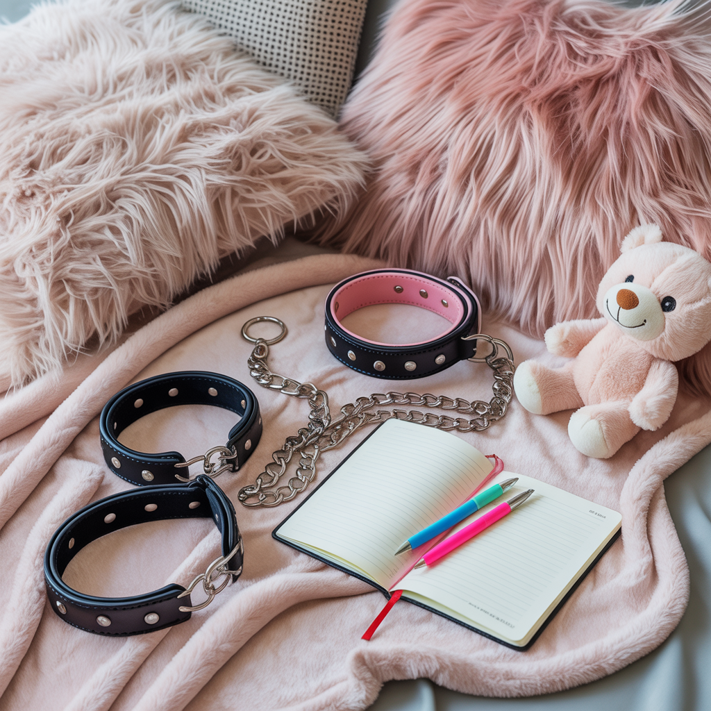 Soft, cozy flat lay with pastel BDSM gear including a collar and cuffs with chain, an open journal with colorful pens, plush pillows, and a small teddy bear, inviting visitors to sign up for updates from A Lil’ Bit Kinky.