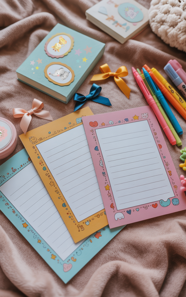 Pastel stationery and printable journal pages with cute doodle borders, colorful pens, bows, and small notebooks arranged on a soft blanket, representing cozy creative printables from A Lil’ Bit Kinky.