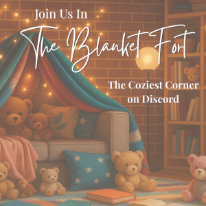 Cozy living room scene with a couch transformed into a blanket fort, warm string lights, plush teddy bears, pillows, and books, promoting The Blanket Fort as the coziest corner on Discord.