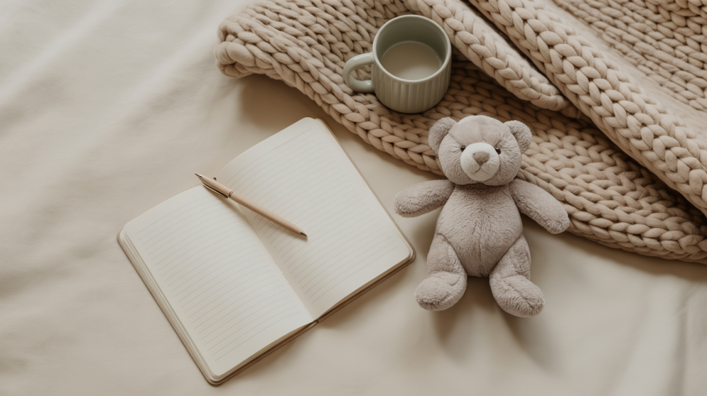 Cozy flat lay representing Age Regression comfort, featuring a soft teddy bear, open notebook with pen, knitted beige blanket, and warm mug on a neutral background, symbolizing calm, creativity, and emotional self-care.