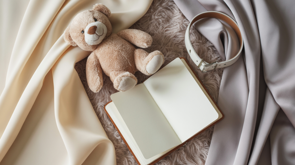 Flat lay image symbolizing Ageplay and Age Regression, featuring a soft teddy bear, open notebook, white leather collar, and pastel satin fabrics, representing the balance between comfort, reflection, and consent in kink and self-care.