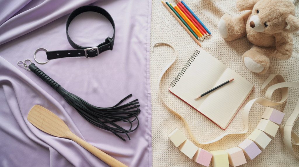 Split flat lay showing the contrast between Ageplay and Age Regression, featuring a black leather collar, wooden paddle, and flogger on lavender satin beside a teddy bear, pastel blocks, and notebook on a cream knit blanket, symbolizing consent, comfort, and context in kink and self-care.