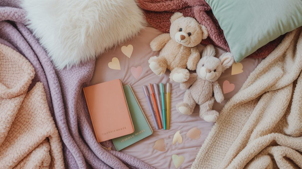 cozy flat lay featuring soft pastel blankets, plush teddy bear and bunny, pastel notebooks, colorful pens, and paper hearts arranged on bedding, representing comfort and creativity in age regression themes for A Lil’ Bit Kinky blog