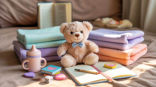 Soft, gender-neutral ageplay flatlay featuring a plush teddy bear with a blue bow, pastel blankets, a sippy cup, notebook with pencil, dice, and colorful heart-shaped tokens, creating a cozy and playful little space atmosphere.
