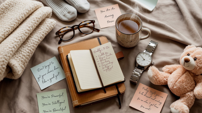 Cozy caregiver-themed flatlay featuring a notebook with a “Daddy’s To-Do List,” sticky notes with affirmations, a warm cup of coffee, watch, glasses, folded sweater, and a plush teddy bear on a soft beige blanket, creating a comforting and gender-neutral caregiver aesthetic.