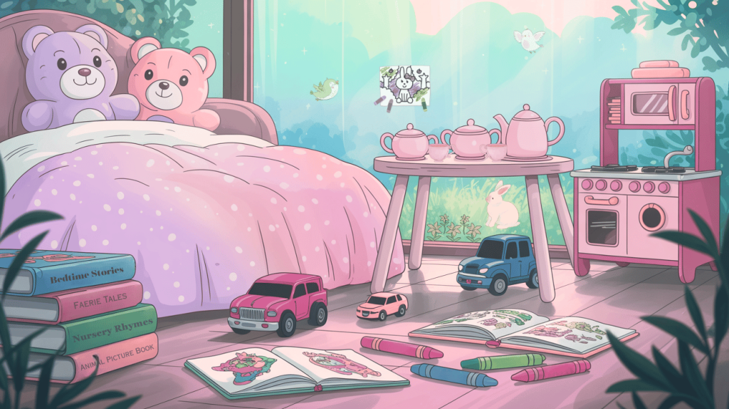 Whimsical Littles bedroom with pastel décor. Plush teddy bears rest on a pink polka-dot bedspread beside a toy tea set, play kitchen, and colorful toy cars. Open coloring books, chunky crayons, and stacks of storybooks create a playful and cozy atmosphere, perfect for Littles in ageplay.