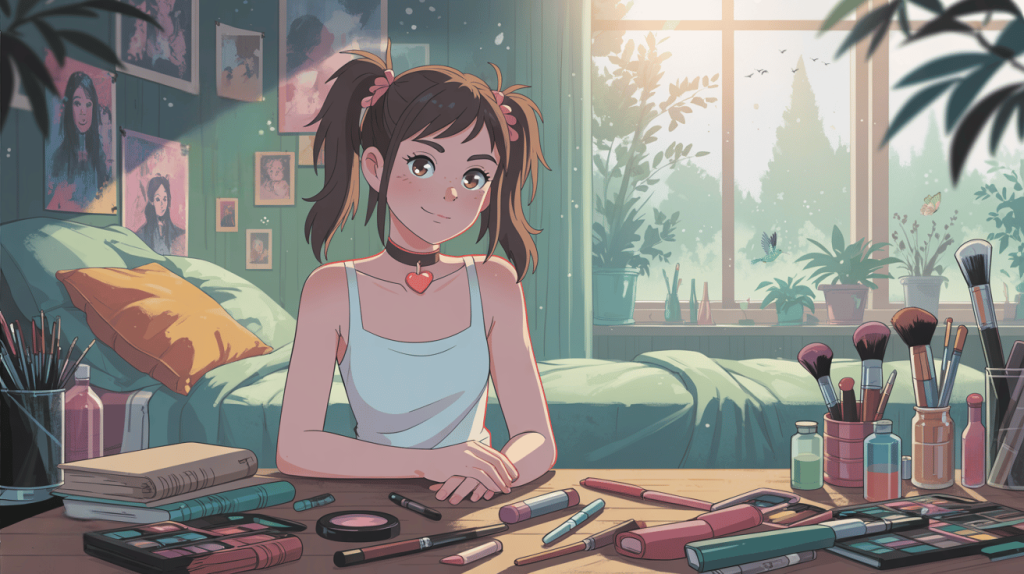 A whimsical middle’s bedroom with a teenage vibe. A girl with brown hair in pigtails sits at a desk covered in makeup, brushes, and journals. Posters decorate the wall while plants and sunlight stream through the window. Cozy lavender and green tones create a playful yet independent atmosphere, reflecting the creative and expressive nature of Middles in ageplay.