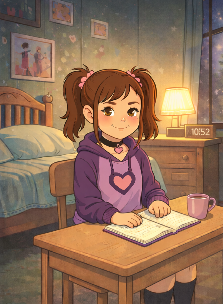 Cute cartoon illustration of an adult little character sitting at a desk in a cozy bedroom with a notebook and mug, representing ageplay lifestyle content, affiliate recommendations, and creator focused self-care routines.
