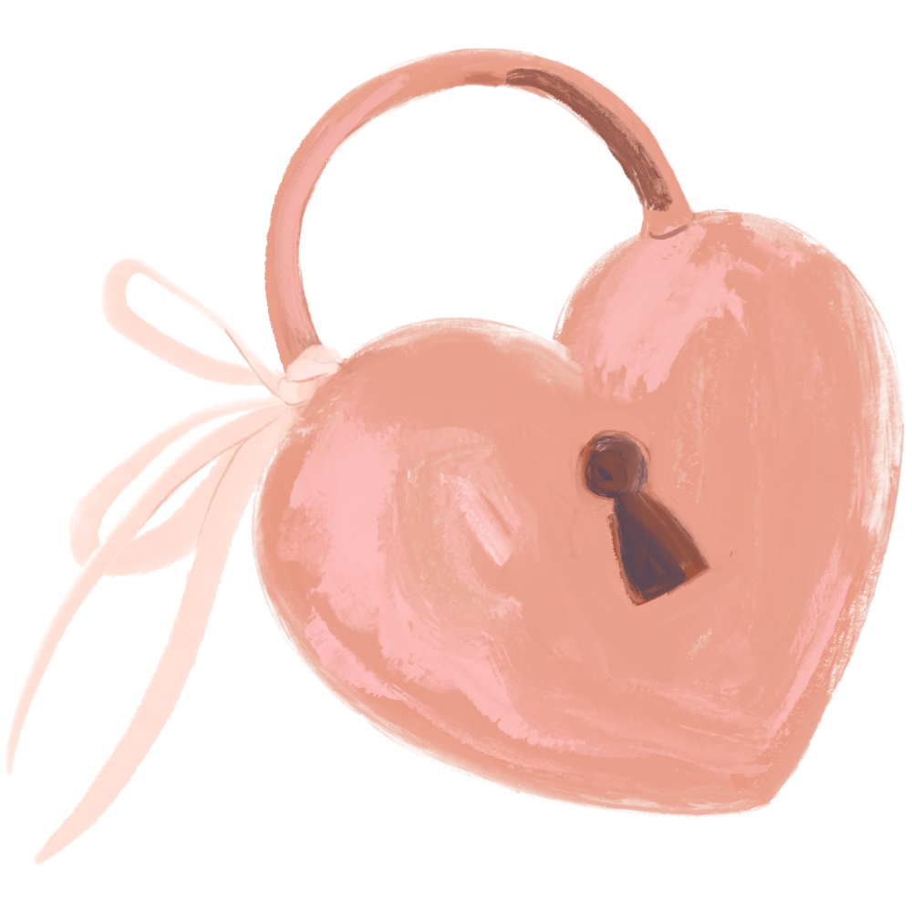 Soft coral heart-shaped lock illustration with a keyhole and ribbon detail, representing the A Lil’ Bit Kinky brand icon.