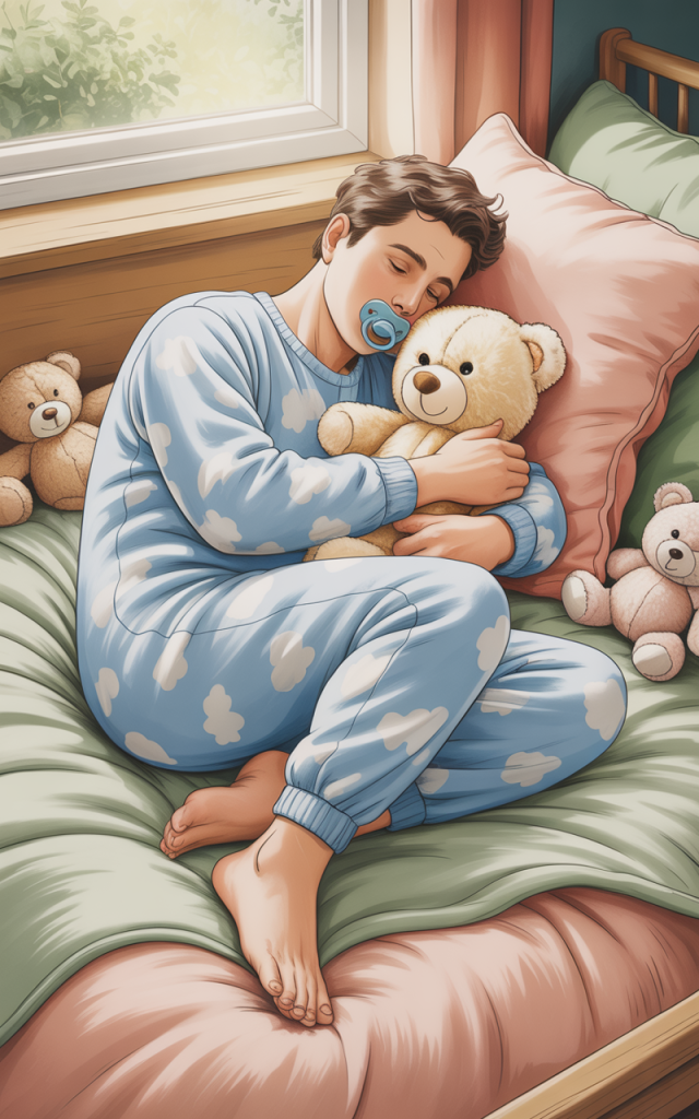 Soft illustrated scene of an adult in a pastel dress with pink bows, kneeling on a plush rug and hugging a teddy bear, surrounded by stuffed animals on a cozy bed, conveying a gentle little space and comfort-focused aesthetic.