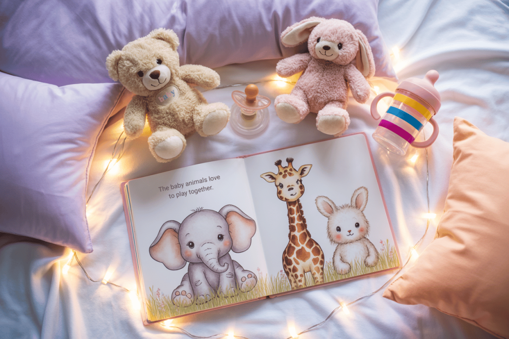 Cozy ageplay bedtime scene with plush teddy bears, pacifier, sippy cup, soft pillows, string lights, and an open baby animal picture book, representing adult baby comfort, nurturing routines, and calming headspace.