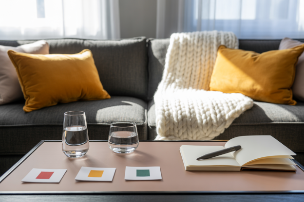 Cozy living room scene with an open notebook and pen on a table beside two glasses of water and three cards showing red, yellow, and green squares. The cards subtly reference the traffic light system often used to communicate boundaries in kink terms.