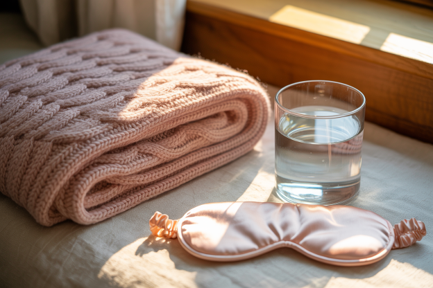 Soft pink knit blanket, silk sleep mask, and a glass of water arranged on a sunlit bed by a window. A calming aftercare setup often referenced in BDSM terminology, highlighting the importance of comfort and emotional support post-scene.