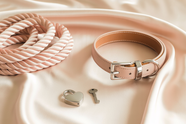 Soft pink rope, a matching collar with silver hardware, and a heart-shaped padlock with a key rest on silky fabric. These symbolic items often appear in kink terms to represent dynamics like ownership, bondage, and power exchange.