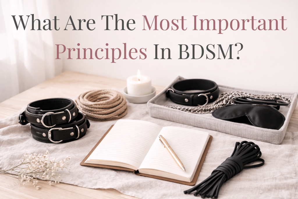 BDSM education themed image featuring leather cuffs, collar, rope, blindfold, candle, journal, and pen with text reading ‘What Are The Most Important Principles In BDSM?,’ representing consent, communication, trust, and safety in kink practices.