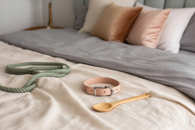 Green rope, a pink leather collar, and a wooden spoon laid out on a bed with neutral-toned bedding and satin pillows. This setup reflects common tools and dynamics discussed in BDSM terminology, including bondage, discipline, and impact play.
