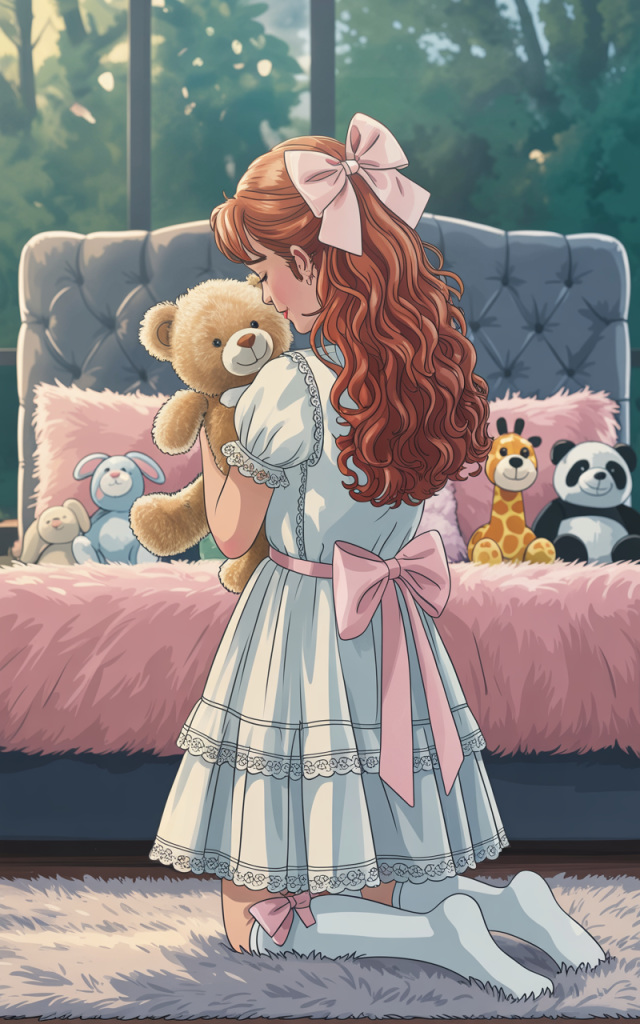 Soft illustrated scene of an adult in a pastel dress with pink bows, kneeling on a plush rug and hugging a teddy bear, surrounded by stuffed animals on a cozy bed, conveying a gentle little space and comfort-focused aesthetic.