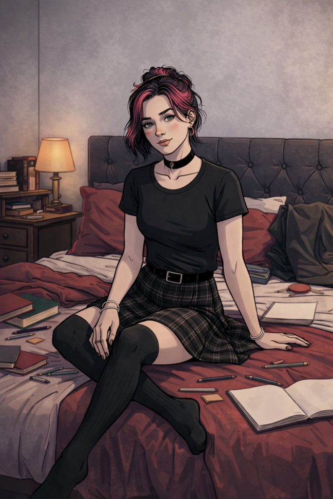 Illustrated young adult with short dark hair and pink highlights sitting on a bed, wearing a black top, plaid skirt, knee-high socks, and a choker, surrounded by books, notebooks, and pens in a softly lit bedroom, reflecting a thoughtful middle-space aesthetic.