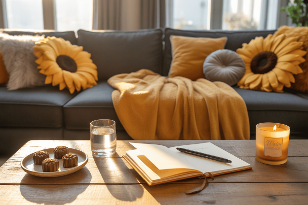 Open journal with a pen, a glass of water, chocolates, and a lit candle on a wooden coffee table in front of a cozy sofa with sunflower pillows and a golden throw blanket. A warm, reflective atmosphere perfect for processing scenes or journaling about kink terms and experiences.