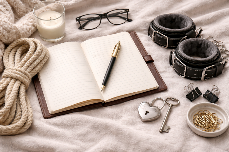 Open journal with a pen, black leather cuffs, rope, a heart-shaped padlock and key, and a candle arranged on a soft blanket alongside glasses and office supplies. This flat lay combines personal reflection and gear commonly found in BDSM terminology, symbolizing both introspection and power exchange dynamics.