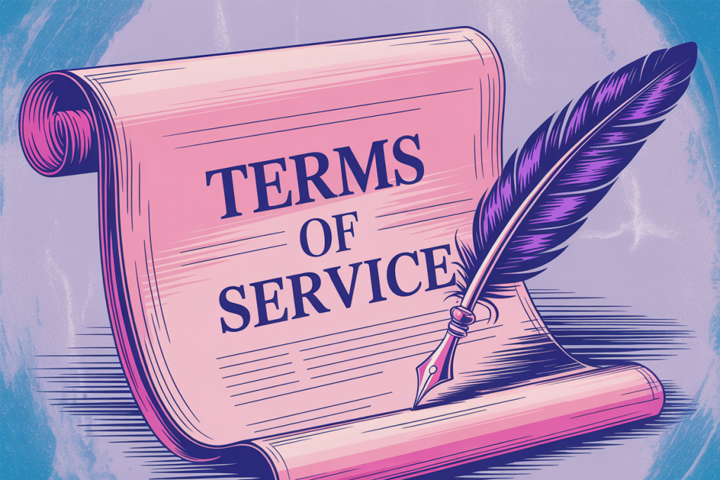 Illustrated scroll labeled ‘Terms of Service’ with a decorative quill pen, rendered in soft pink and purple tones against a textured background, representing website policies and user agreements.
