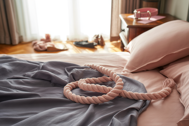 Coiled pink rope rests on a bed with soft mauve and blush sheets, while a collar and scattered clothing appear in the background. This intimate scene visually represents preparation for rope play, a key practice often discussed in BDSM terminology.