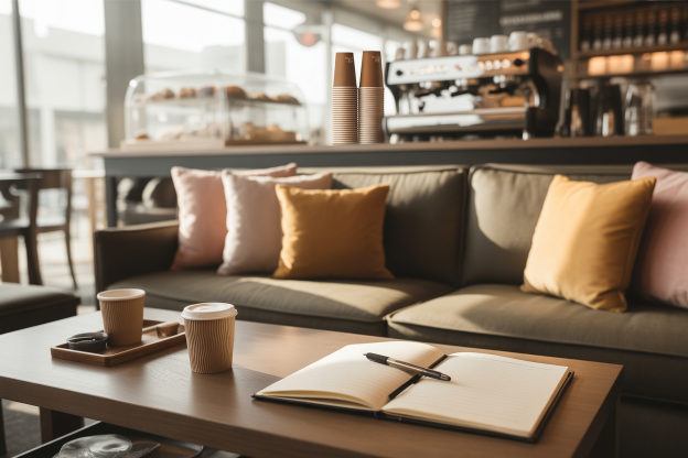 Open notebook with a pen beside two takeaway coffee cups on a wooden table in a cozy café with cushioned seating and a pastry counter in the background. A relaxed public setting for journaling or studying kink terms in a discreet and approachable way.