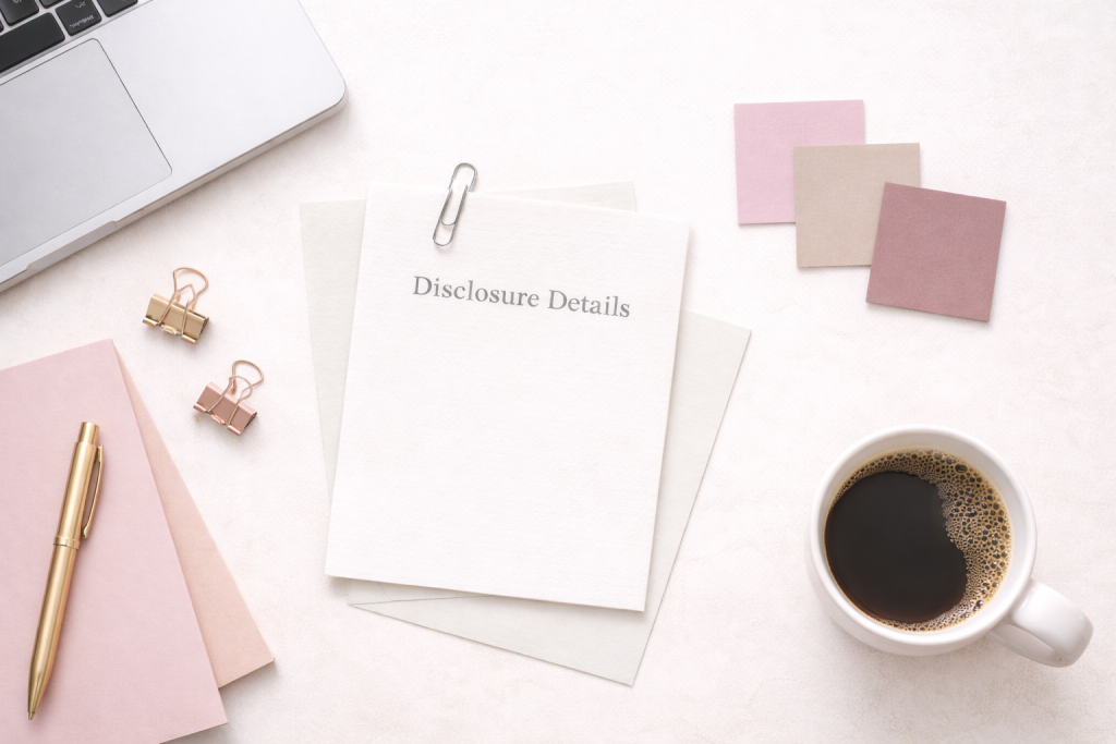 Flat lay of a creator workspace with a laptop, binder clips, pastel post-it notes, coffee mug, and a paper labeled “Disclosure Details” centered on a light neutral surface.