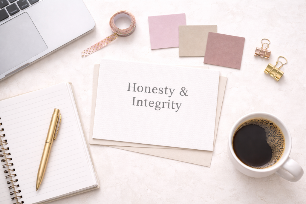 Flat lay of a clean desk setup with a notebook, pen, pastel post-it notes, coffee mug, and a paper labeled “Honesty & Integrity” on a soft neutral background to compliment the Affiliate & Sponsorship Disclosure.