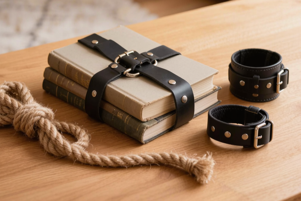 The image displays a stack of three aged books. The books are bound together with black leather straps fastened with a buckle. To the left of the books sits a segment of tan rope tied in a knot. Near the books, a pair of black leather wrist or ankle cuffs with silver buckles rests on the wooden surface. The wooden surface has natural grain and warm tones. The backdrop includes a soft, out-of-focus light pattern that suggest cozy lighting. Overall, the image suggests a playful and intellectual approach to kink culture.