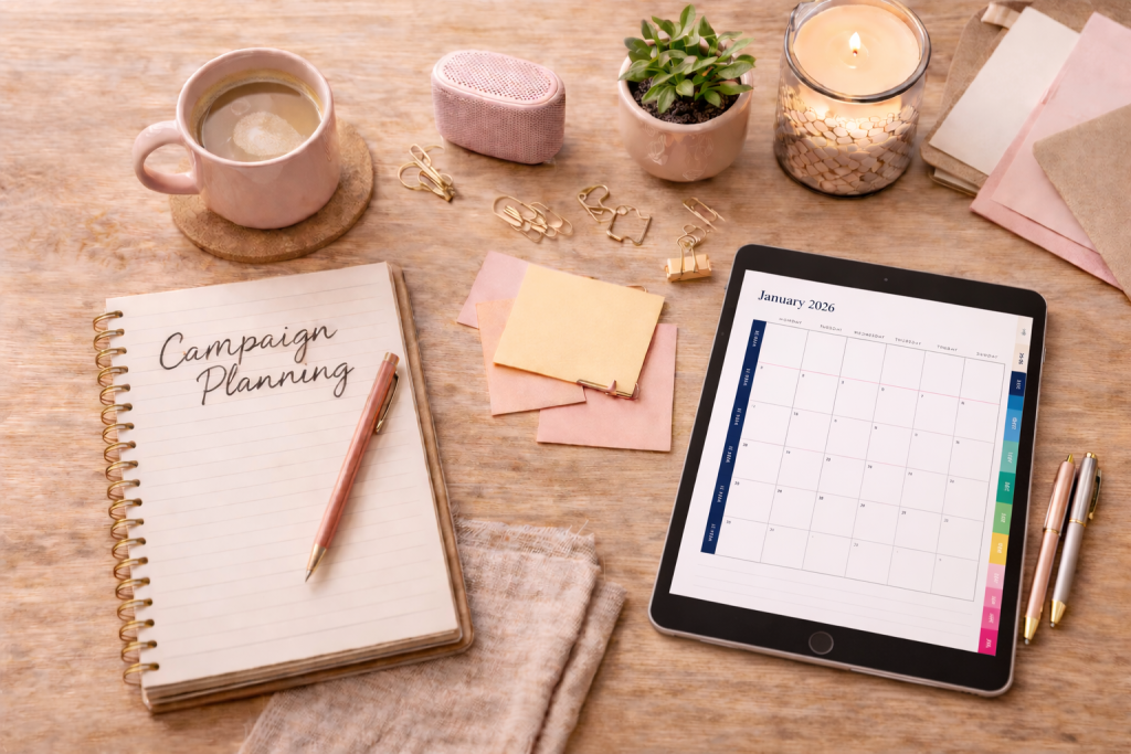 Flat lay of a campaign planning workspace with a notebook, sticky notes, pens, candle, coffee mug, and tablet, illustrating Work With Me content planning and brand collaboration.
