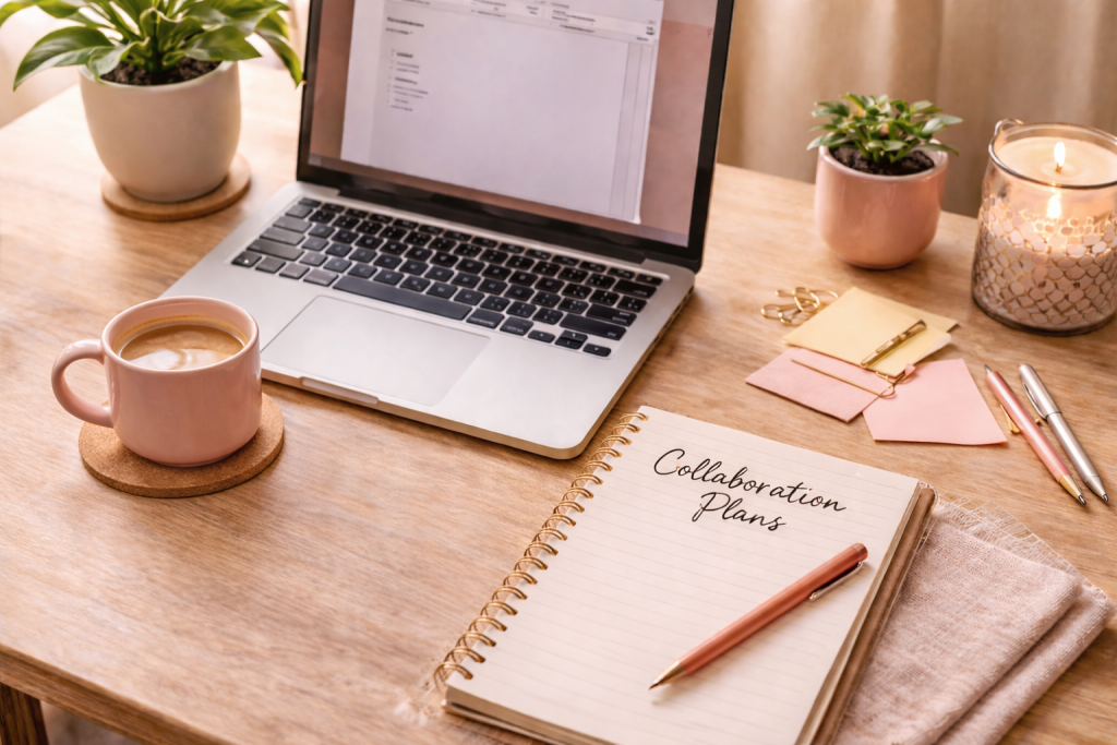 Casual creator workspace with notebook, coffee mug, candle, and tablet displaying a blank calendar, representing a relaxed Work With Me brand collaboration setup.